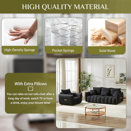 2 Piece Teddy Cloud Sofa Couch Set, Modern Deep Seat 3 Seater Boucle Sofa & Single Sofa Chair, Cozy Upholstered Sherpa Living Room Furniture Set for Apartment Office, Black