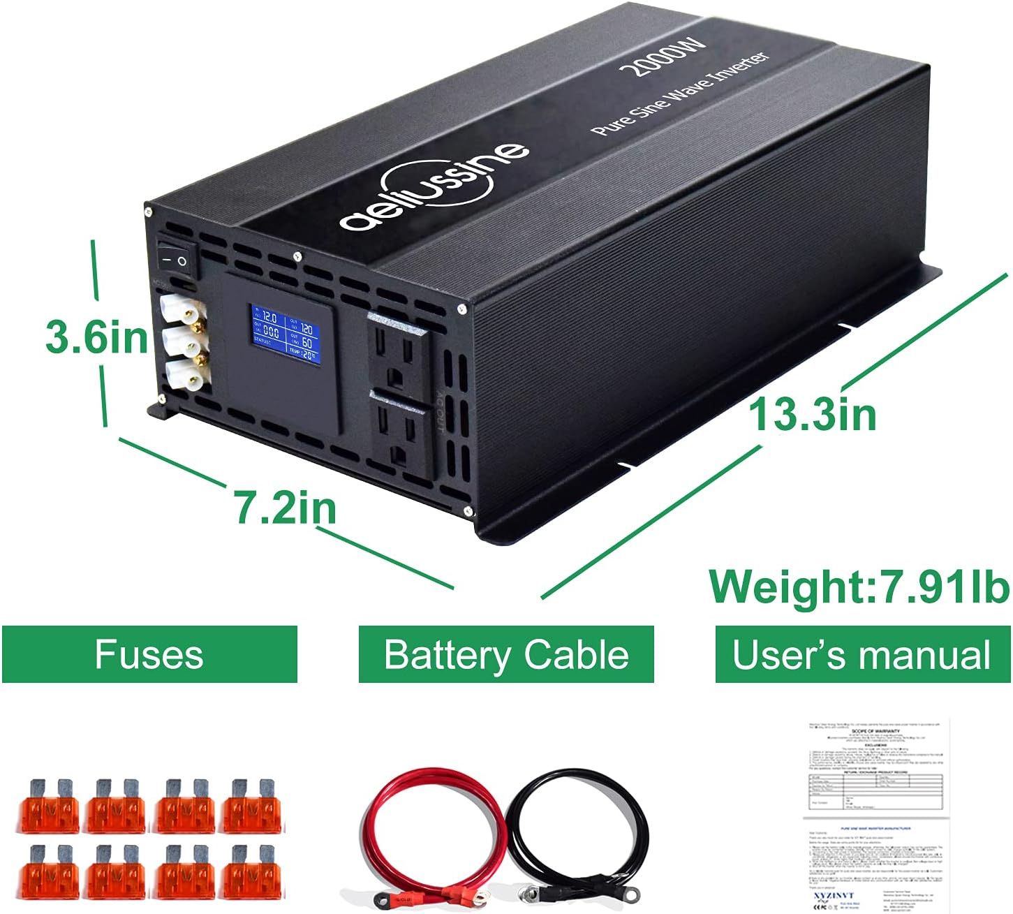 aeliussine 2000w Inverter Pure Sine Wave Power Inverter 48v dc to ac 110v 120v with Hardwire Terminal, LCD Display, for Car RV, Truck, Yacht, and Off Grid Solar Power System (2000w 48v)