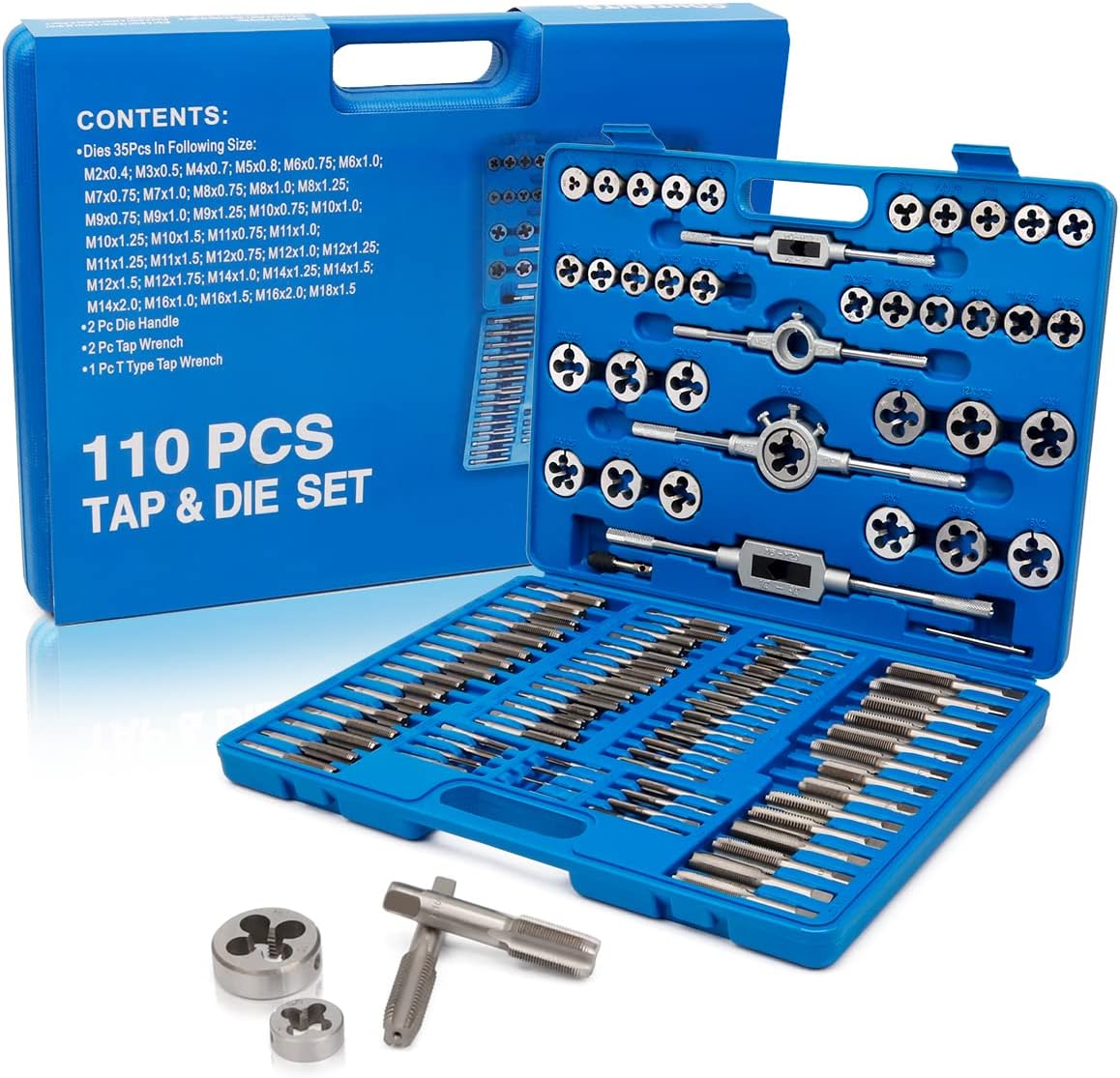 Taiidaues 110 Piece Hardened Alloy Steel Metric Tap And Die Threading Tool Set, SAE Standard Metric Tap Die Set for Cutting External and Internal Threads - With Storage Case