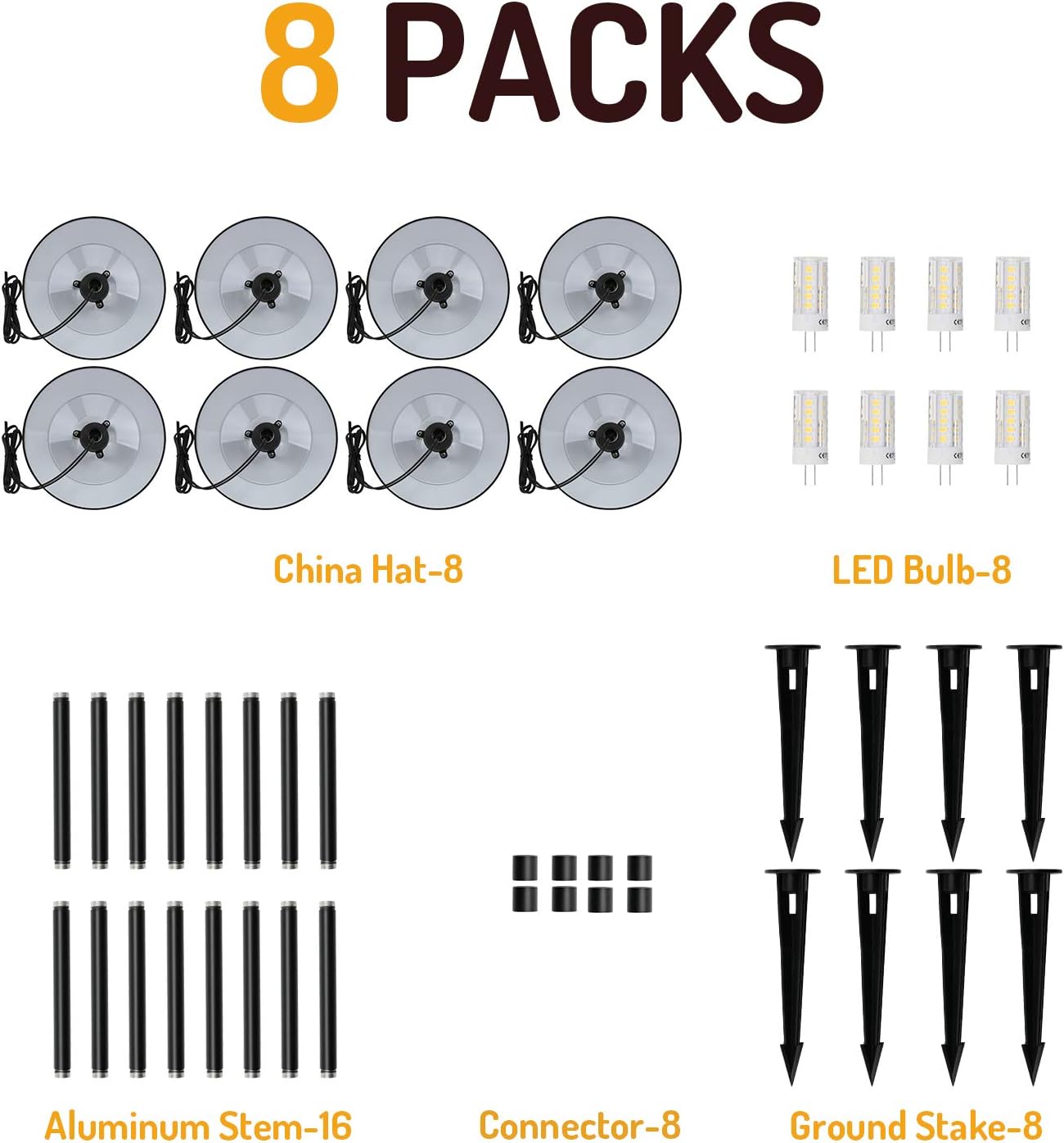 Lumina Low Voltage Landscape Lighting Cast-Aluminum Outdoor Path and Area Light Warm White 3W G4 LED Bulb and ABS Heavy Duty Ground Stake Included for Yard Walkway Lawn - Black PAL0101-BKLED8 (8PK)