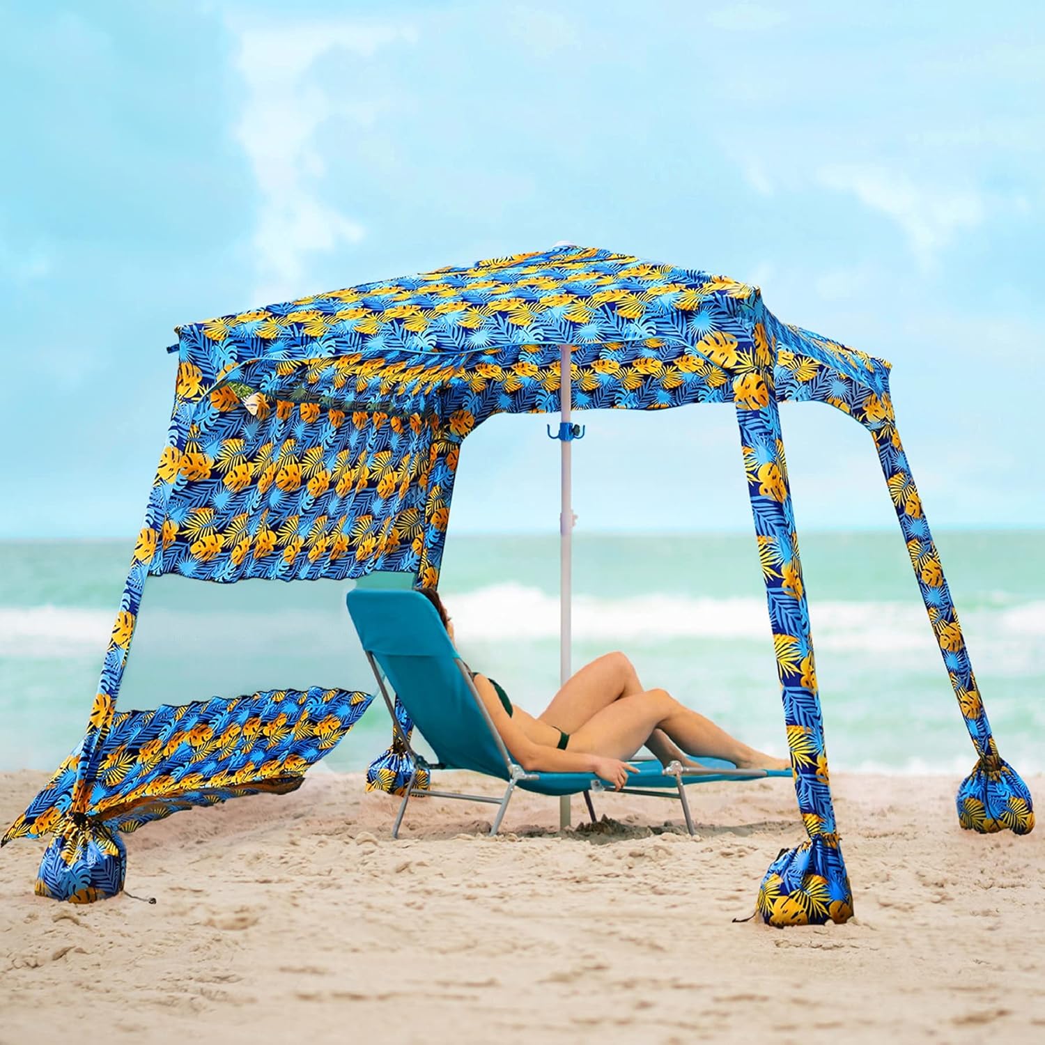 AMMSUN Beach Cabana，6' × 6' Beach Umbrella or Canopy，Easy Set up and Take Down Large Shade Area Outdoor Sun Umrella with Sand Pockets, Instant Sun Shelter with Privacy Sunwall - Sky Blue