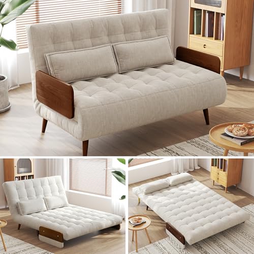 3-in-1 Convertible Chair Bed Sleeper for Adults, Linen Convertable Sleeper Chair with Wooden Arms & Pillows, Foldable Single Futon Sofa Bed (Mid Century with Walnut Arm, 36.6" Wide)