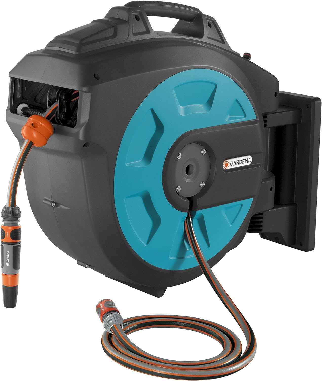 Gardena Wall Mounted Retractable Hose Reel, 115 feet, Black and Turquoise