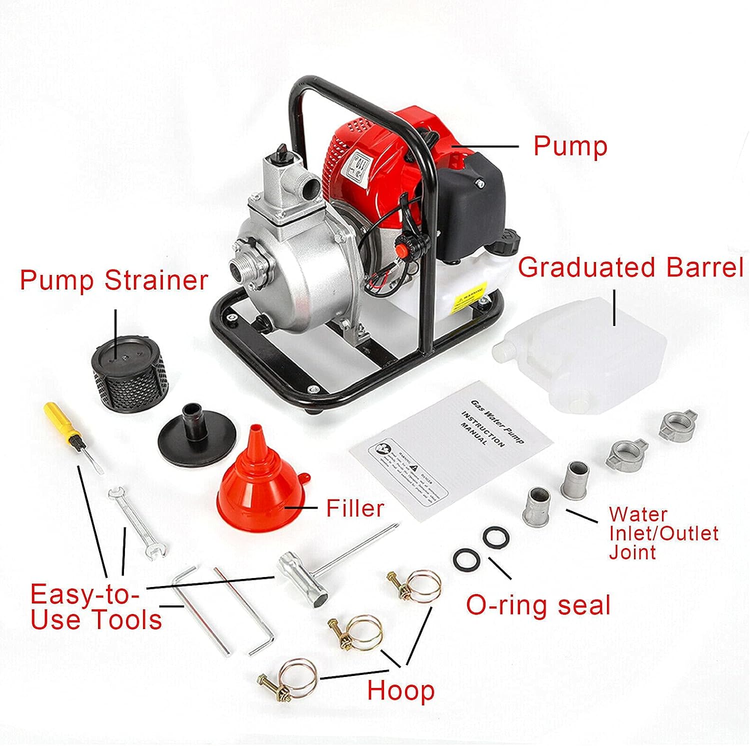 Gasoline Water Pump 1 Inch 43CC 2 Stroke 1.7HP Petrol Water Transfer High Pressure Pump for Irrigation Pool, Landscaping or Gardening Irrigation