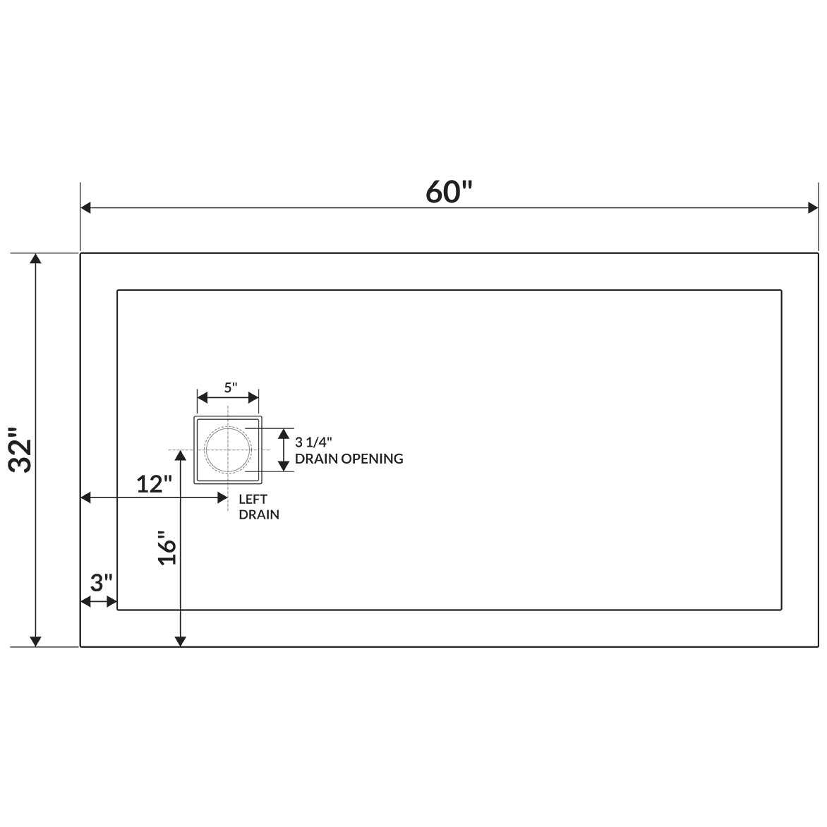 LessCare 60 x 32 Single/Double Threshold Shower Base Pan Right/Left Drain, White
