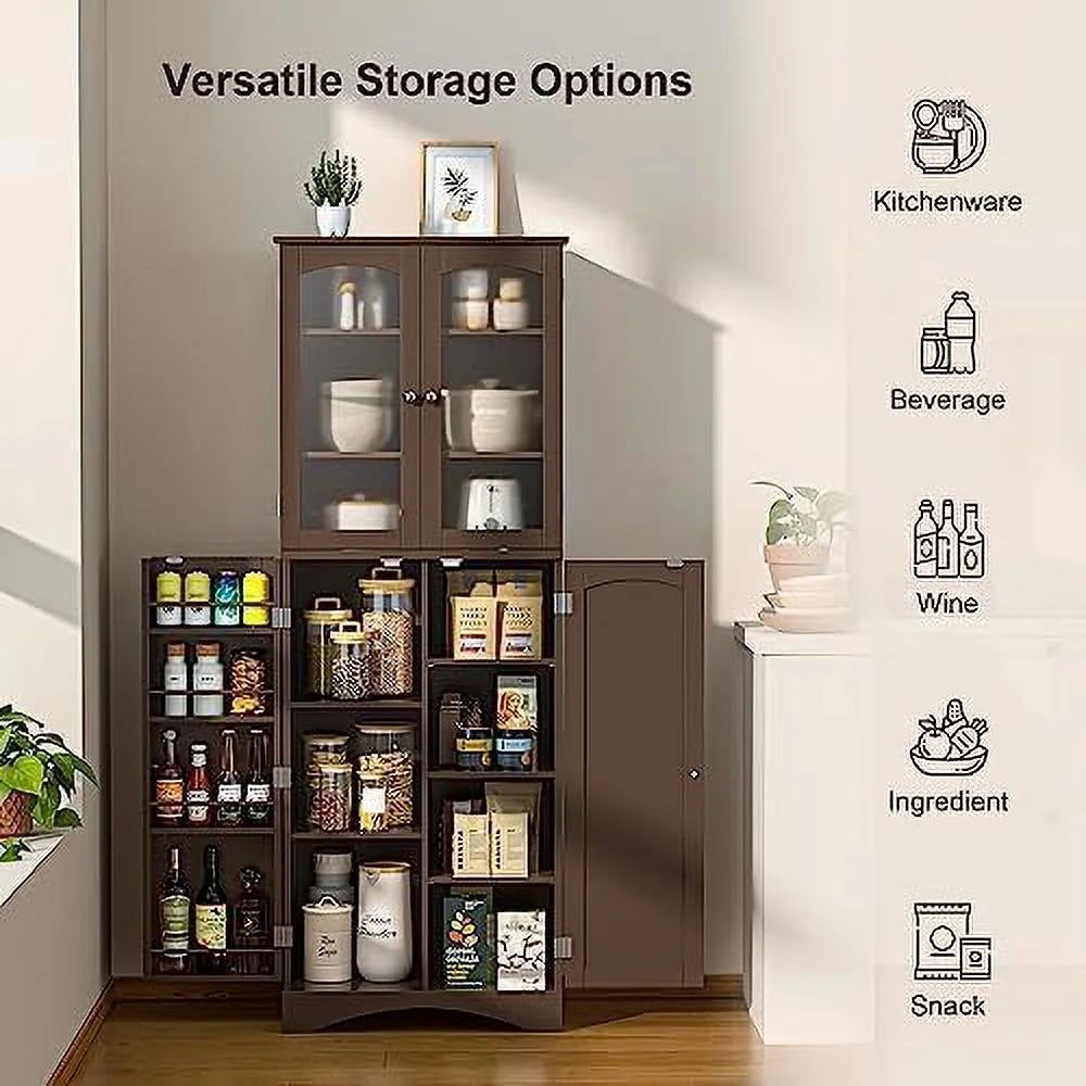 64" Kitchen Pantry Cabinet  Tall  Cabinet with Glass Doors and Adjustable Shelves  Freestanding Floor Cabinet Cupboard for Kitchen  Living Room  Dining Room (Dark Brown)