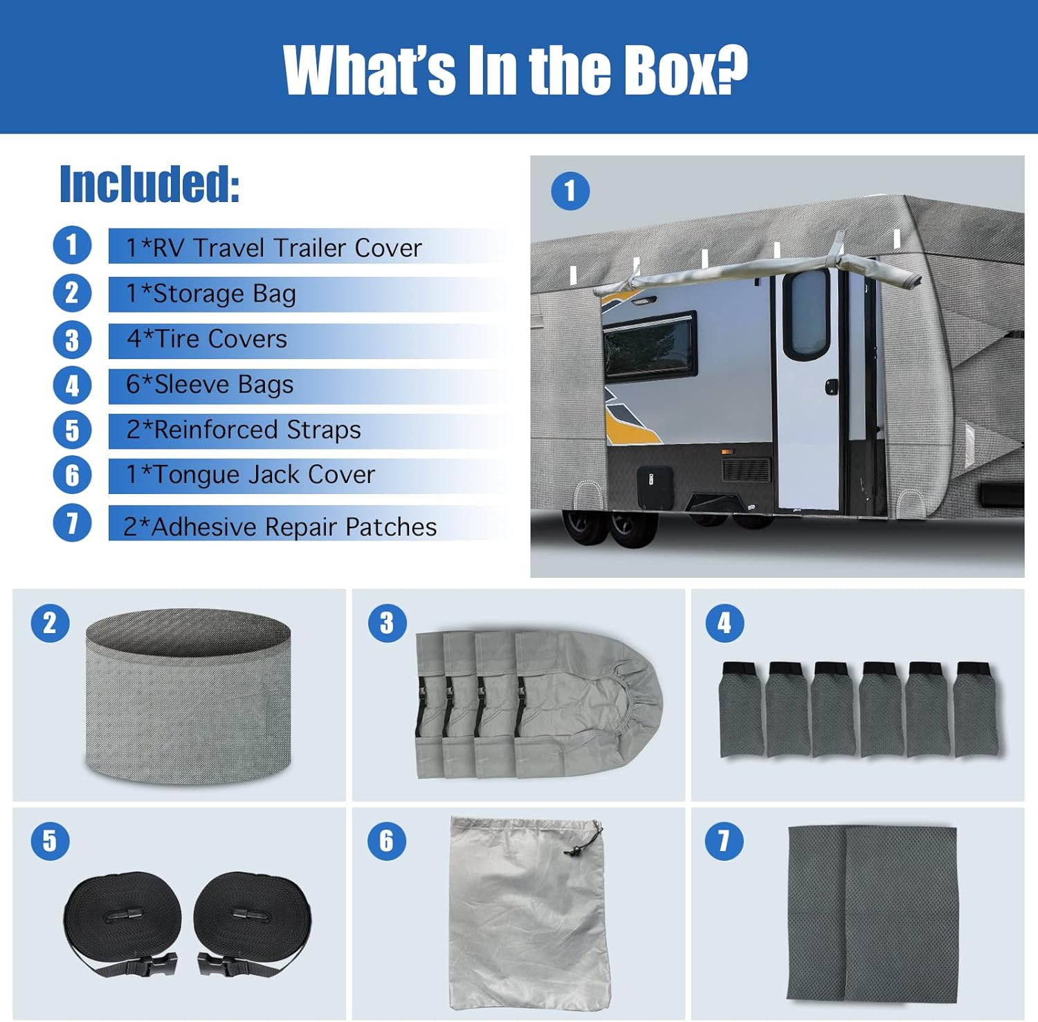 RV Cover, NUNFLOC Travel Trailer Cover 6 Layers Top Panel Upgraded Fabric, Windproof Camper Cover, RV Trailer, Anti-Scratch, UV Resistant Prevents Top Tearing Caused by Sun Exposure (27'1''-30')