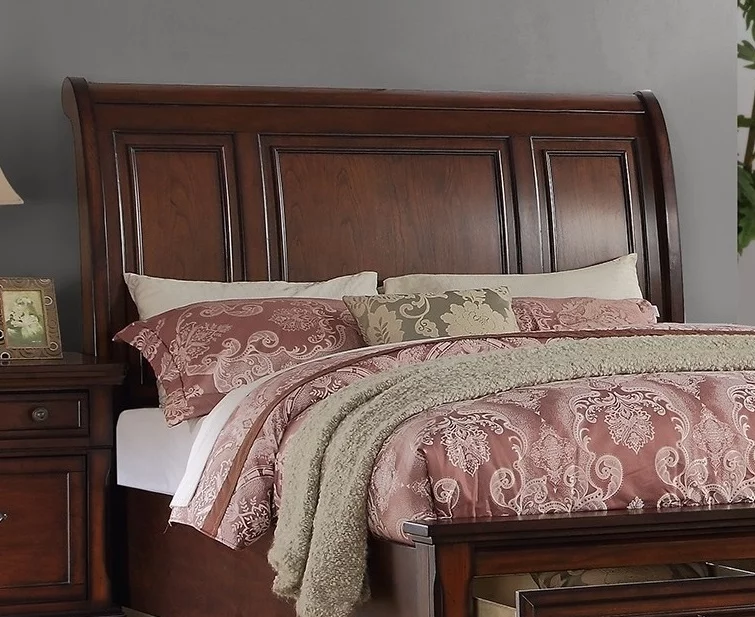 Antique Sleigh HB Storage FB Bed Bedroom Cherry Veneer Wooden 1pc Queen Size Bed MDF Pine Formal Bedframe