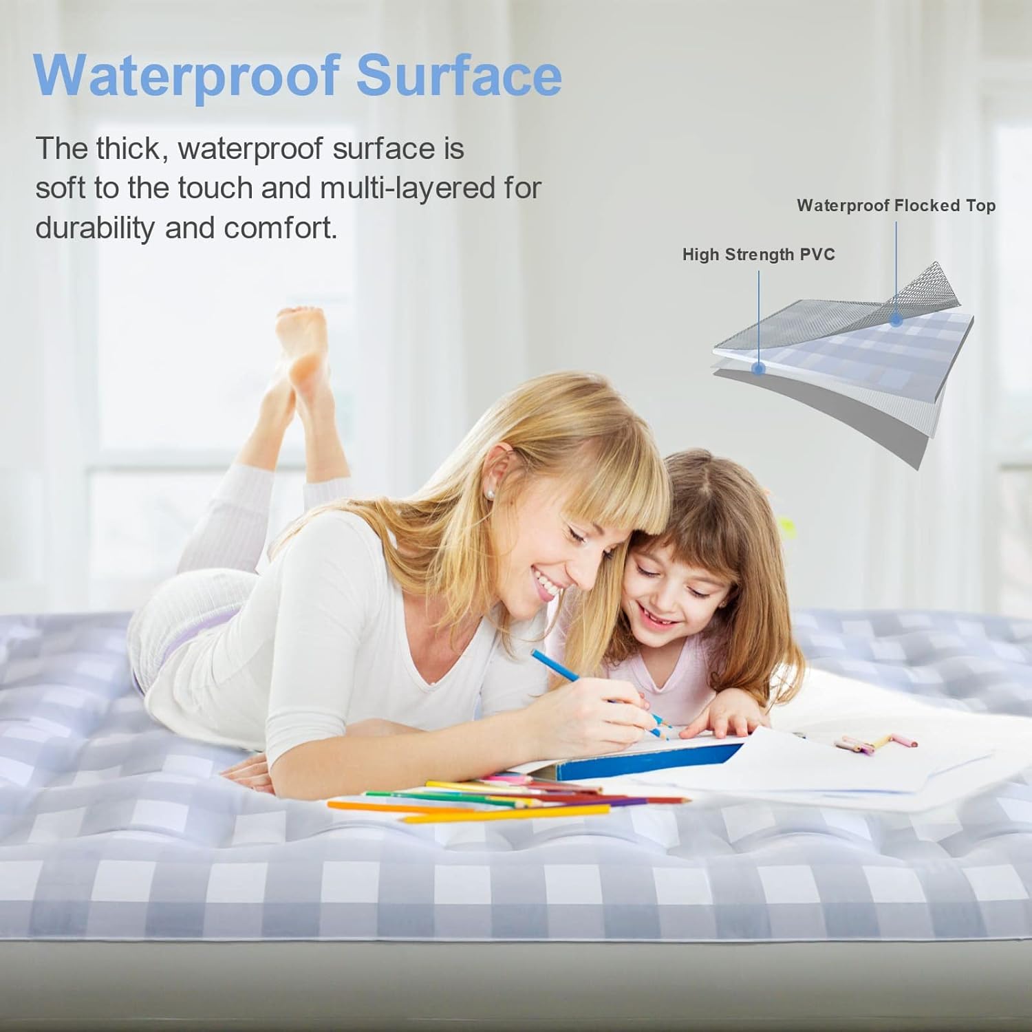 Giftway Queen Air Mattress Air Bed - Upgraded Inflatable Air Mattresses with Flocked Top Waterproof Cover Repair Kit -Foldable Blow Up Bed for Camping/Home/Guest/Travel - Housewarming Gifts for Family