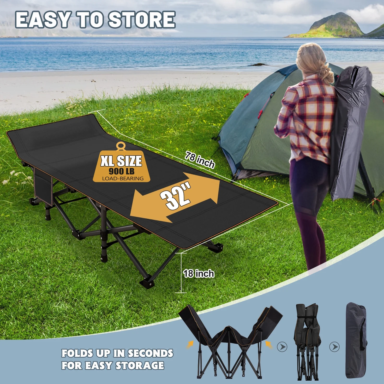 NAIZEA 78" Oversized XL Folding Bed Cot with Mattress, Folding Camping Cot with Carry Bag, Portable Rollaway Guest Sleeping Cot, Guest Bed, Support 900 lbs