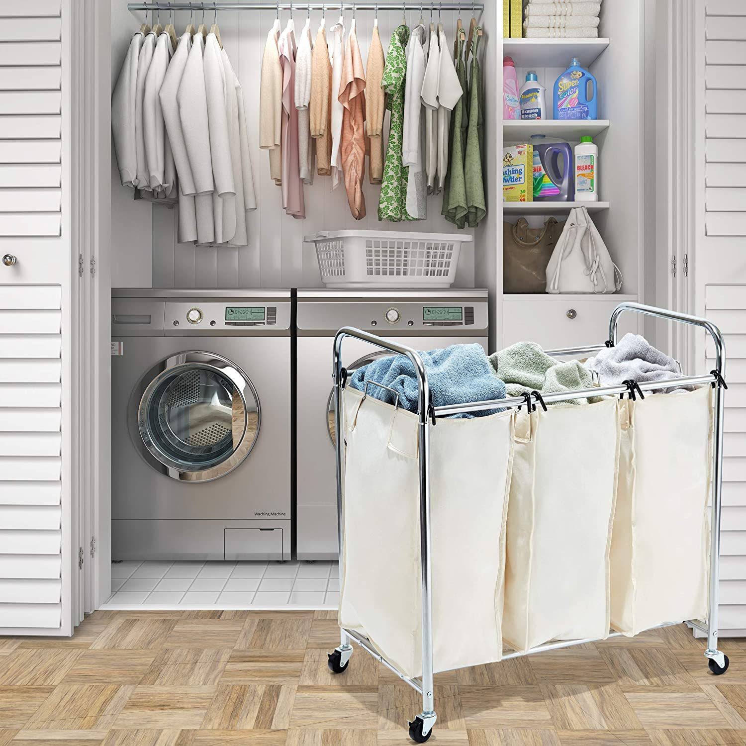 Seville Classics Mobile 3-Bag Heavy-Duty Laundry Hamper Sorter Cart