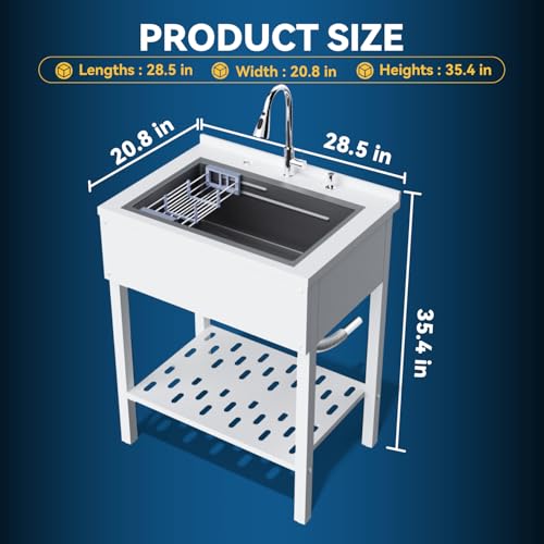 Stainless Steel Utility Sink,24" FreeStanding Laundry&Utility Room Sinks with Cold and Hot Water Faucet,Hoses and Drain Kit Commercial Single Bowl,Laundry Sink for Kitchens, Garage (24x18x36 Black)