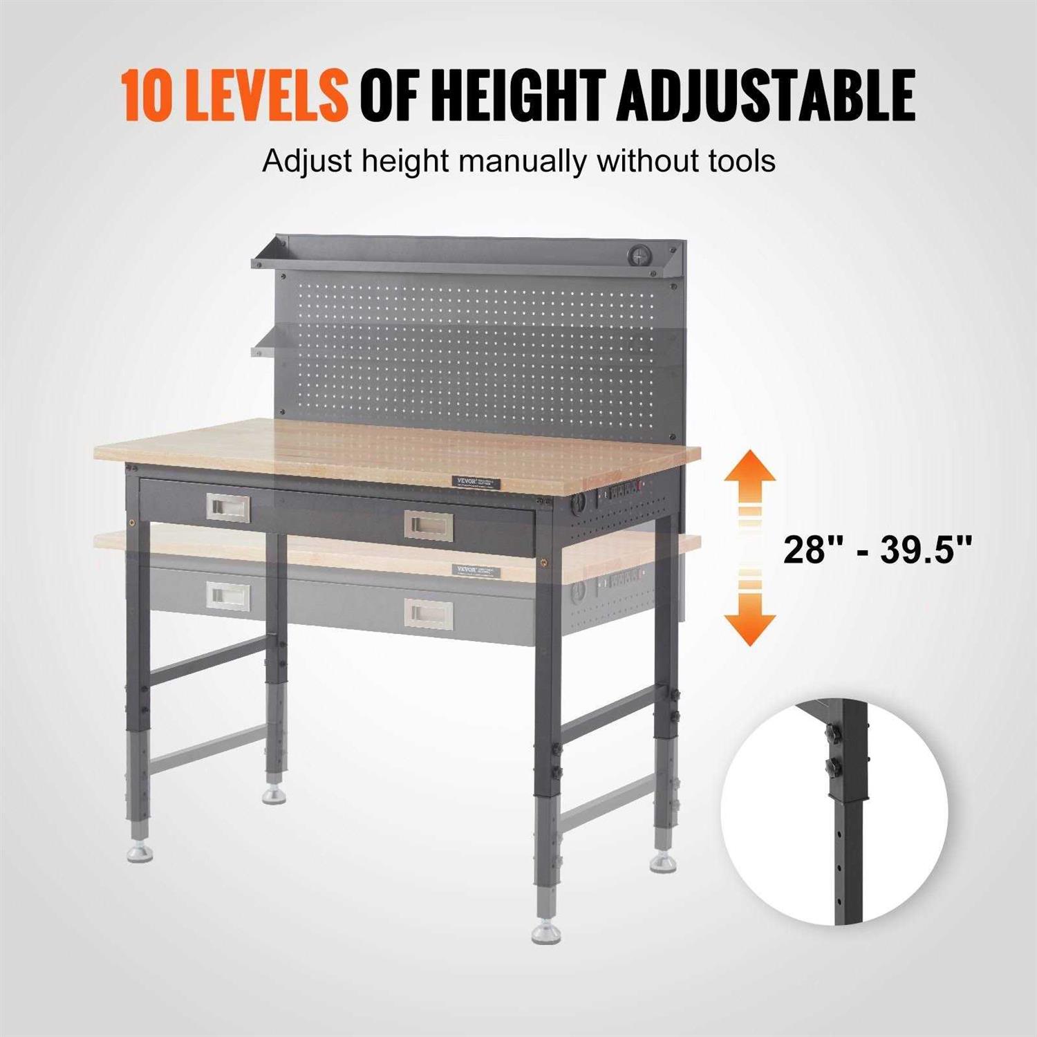 VEVOR Workbench Adjustable Height 28-39.5 Work Bench for Garage Oak Plank &amp; Carbon Steel Heavy Duty Workbench 2000lbs Weight Capacity Bench top - Shop Hardware Tools Online Store