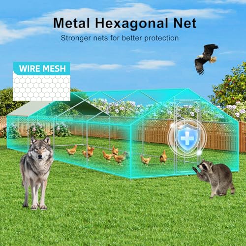 Large Metal Chicken Coop Walk-in Poultry Cage Chicken Run Pen Dog Kennel with Waterproof and Anti-Ultraviolet Cover for Outdoor Farm Use(9.8' L x 19.7' W x 6.4' H)