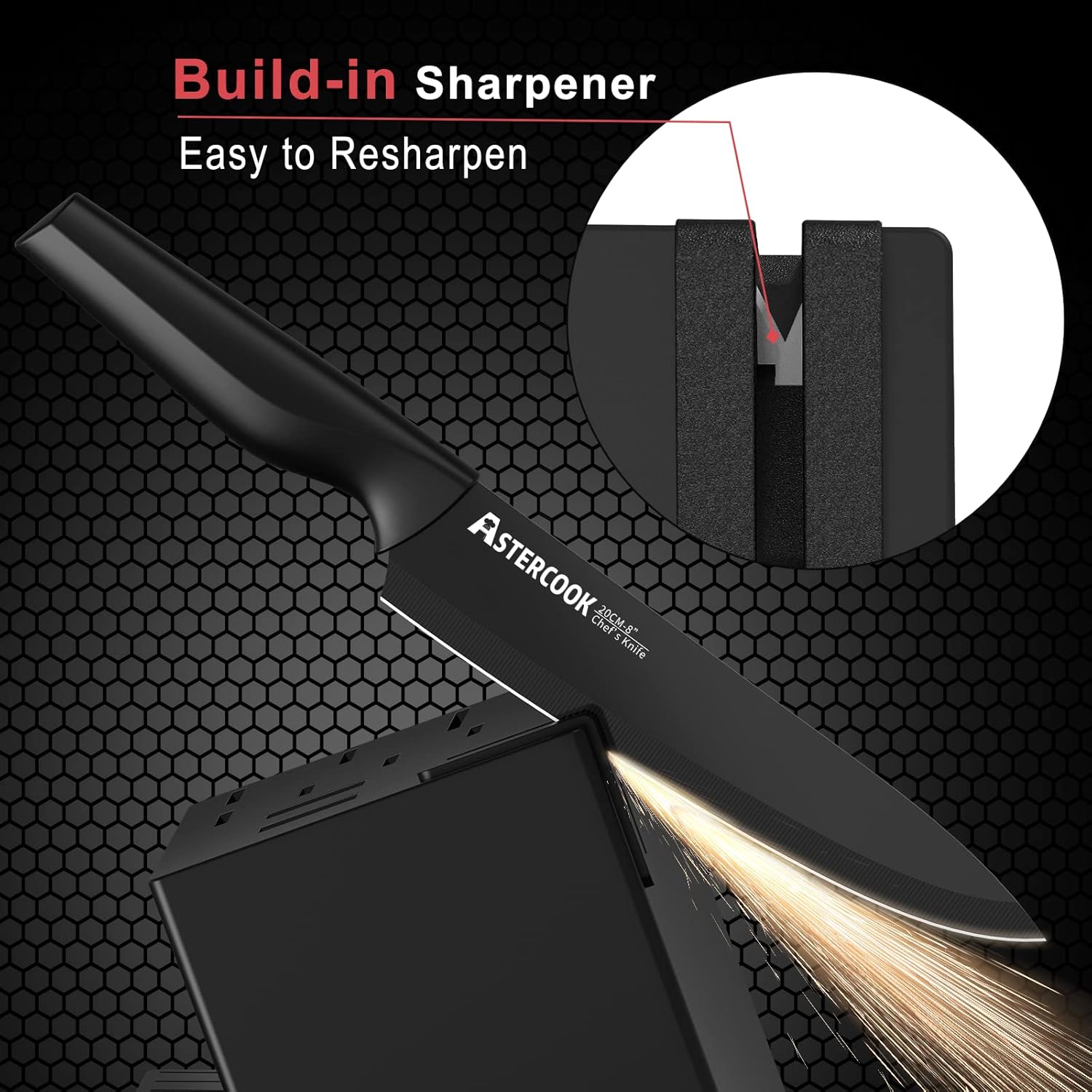 Knife Set, Astercook 21 Pieces Knife Sets for Kitchen with Block, Dishwasher Safe Kitchen Knife Set with Built-in Sharpener, German Stainless Steel Black Knife Block Set