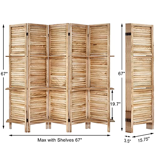Room Divider with Shelves, Privacy Screen, Room Dividers and Folding Privacy Screens, 5 Panel Wood Temporary Wall Partition Separation Separator, Coconut