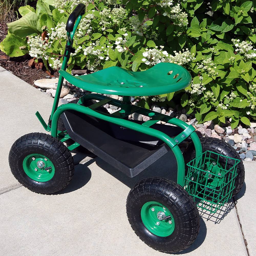 Sunnydaze Green Rolling Garden Cart with Extendable Steering Handle, Swivel Seat u0026 Basket