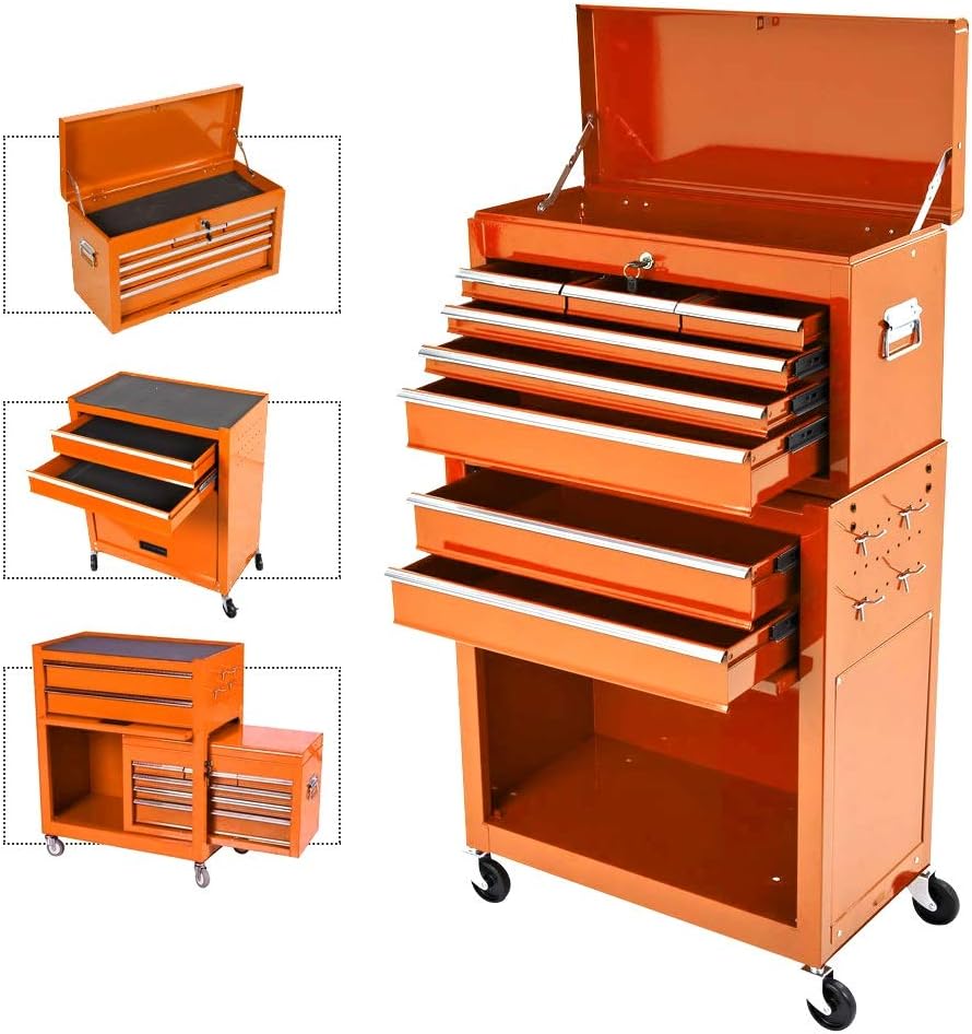 8-Drawer Rolling Tool Chest,Big Tool Chest and Tool Storage Cabinet,Tool Chest with 4 Wheels,Removable Portable Top Box with Lock Tool Chest for Garage and Warehouse-Cool Black