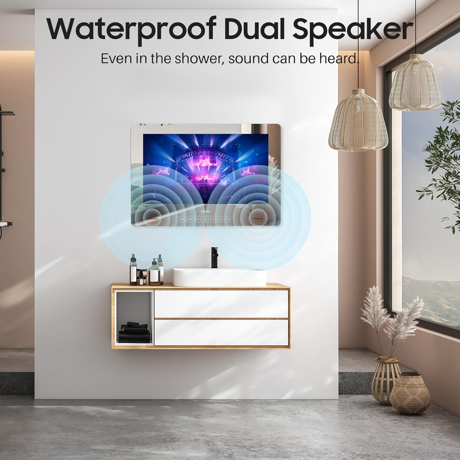 SYLVOX 24 inch Bathroom TV, 1080P Smart Mirror TV Google System NTSC & ATSC Tuner Support WiFi Bluetooth 500 nits High Brightness, IP66 Waterproof TV for Bathroom Bathtub Hotel Shower Spa (Wall Mount)