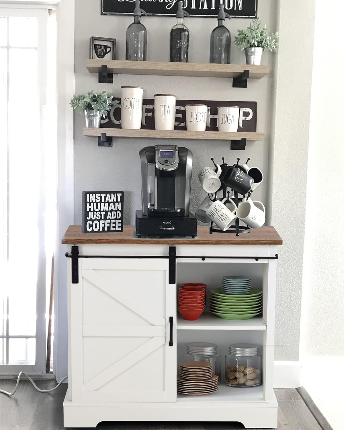 MAISON ARTS Farmhouse Coffee Bar Cabinet Buffet & Sideboard Kitchen Storage Cabinet Cupboard with Sliding Door for Kitchen Dining Living Room, Oak + Ivory