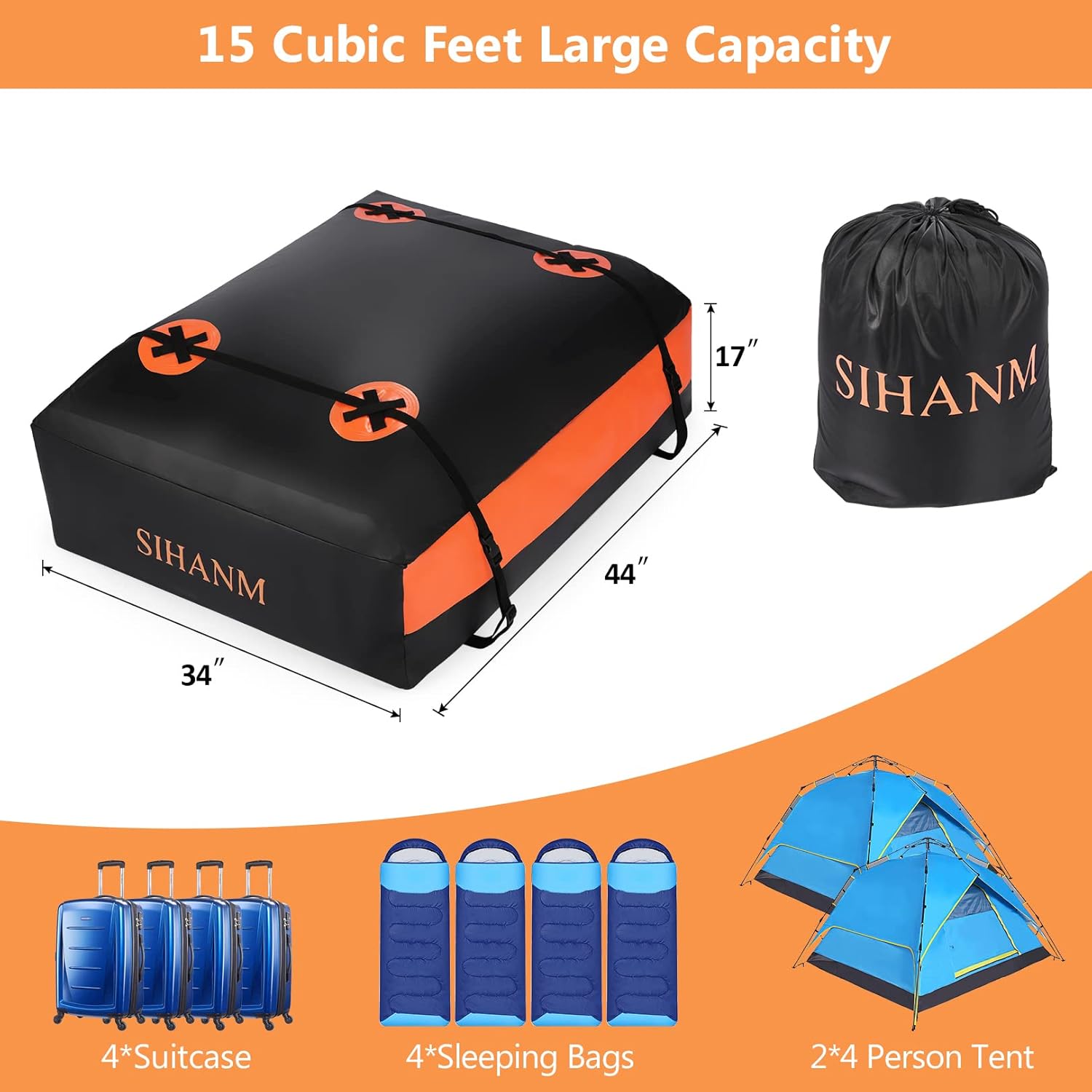 Rooftop Cargo Carrier, Heavy Duty Car Roof Cargo Carrier for All Cars with/Without Rack, 15Cu.ft. 100% Waterproof Car Top Carrier with Anti-Slip Mat, Door Hooks & Lock Pack of 2