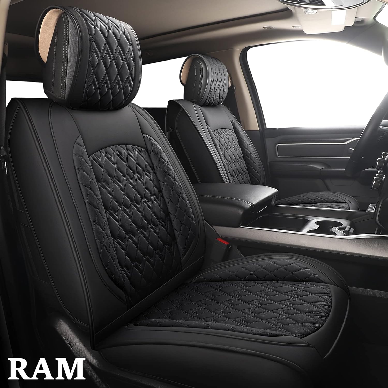 JOJOBAY Car Seat Covers for Dodge Ram 2 Pcs Front,Fit Ram 2009-2022 1500/2500/3500 Pick-up Truck,Crew,Regular,Quad,Mega Cab,Waterproof Synthetic Leather Seat Covers Protectors（2 PCS Front,Black-Grey）