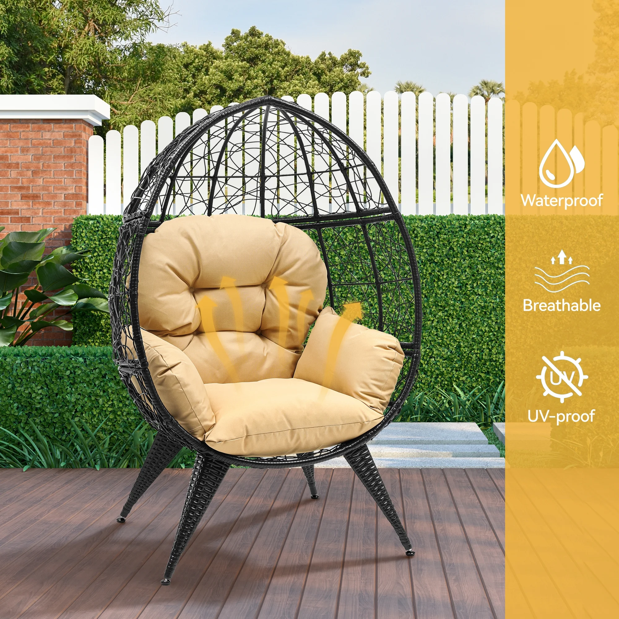 Dextrus Egg Chair Wicker Outdoor Indoor Oversized Large Lounger with Stand Cushion Egg Basket Chair 350lbs Capacity for Patio, Garden Backyard Balcony, Beige