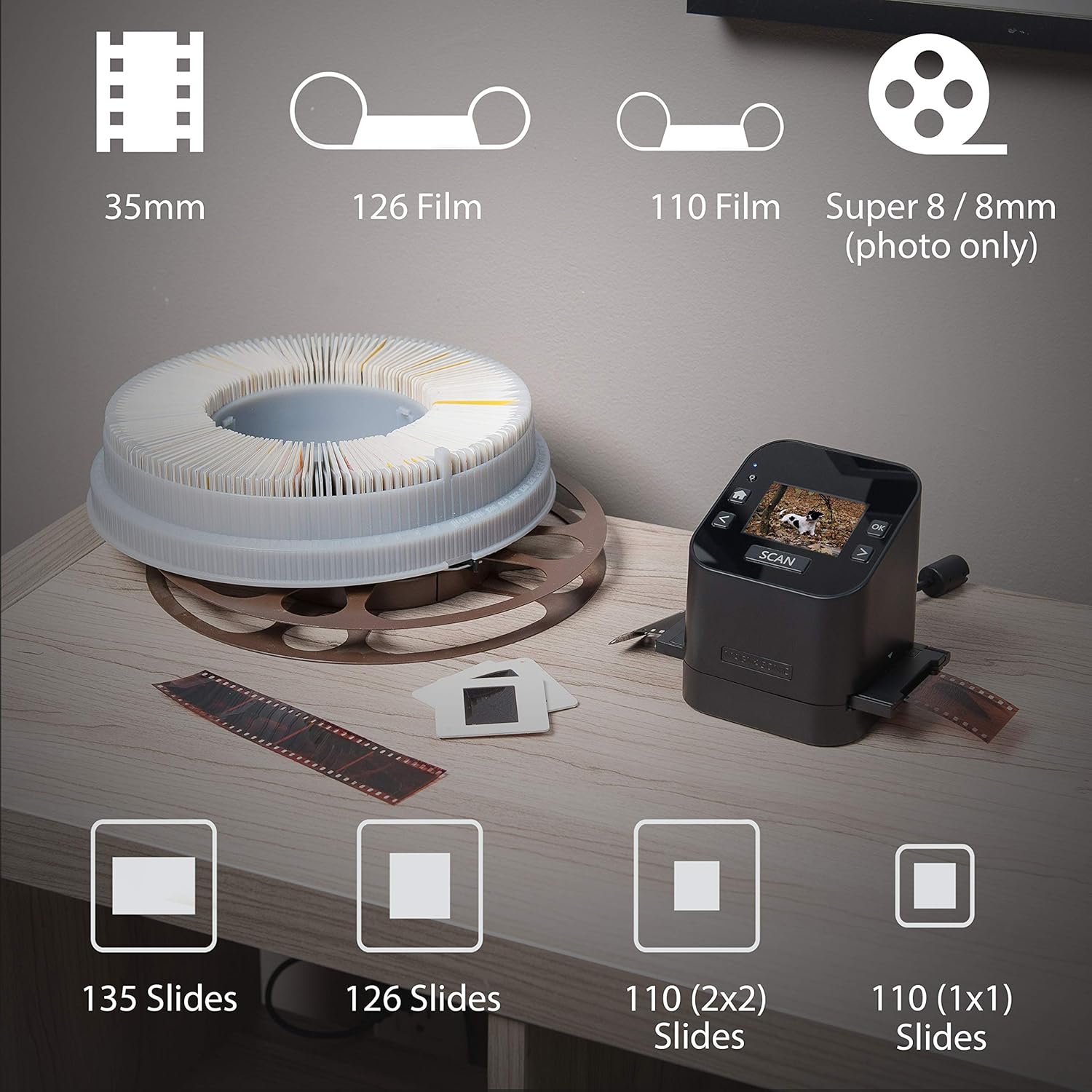Magnasonic All-In-One Film & Slide Scanner, High Resolution 22MP, Converts 35mm/110/126/ Super 8/8mm Film & 135/110/126 Slides into Digital JPEG, 2.4 LCD Screen, Built-in Memory, Fast Scanning (FS52)