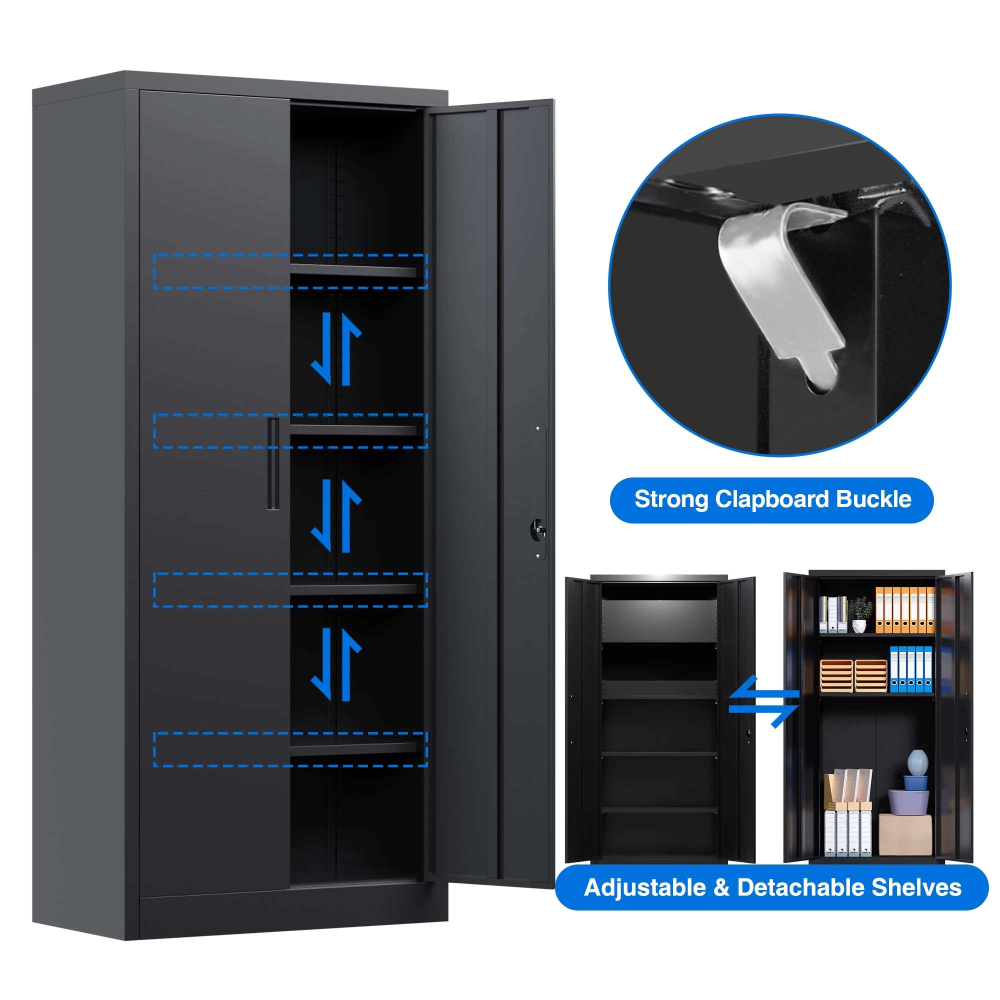GangMei Metal Storage Cabinet, Metal Garage Cabinet with Lockable Doors and Shelves, Office Cabinet for Home Office, Garage and Utility Room,Assemble Required (Doouble Handles, Black)