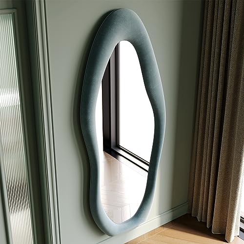 Honyee Full Length Mirror, 63" x 24" Wall Mirror, Flannel Wrapped Wooden Frame Floor Mirror, Irregular Wavy Mirror Hanging or Leaning Against Wall for Cloakroom/Bedroom/Living Room, Milk Tea