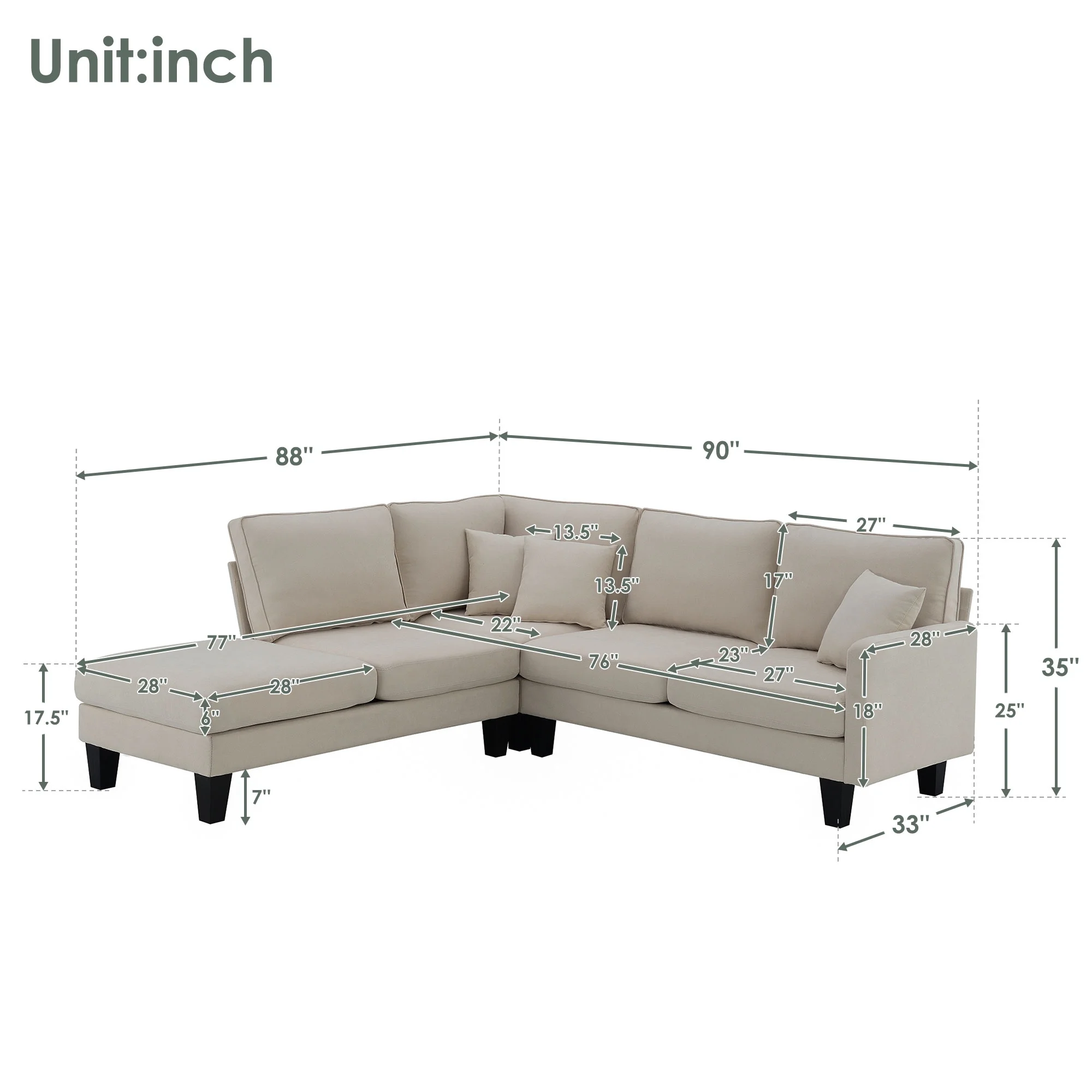 THINK 30,90L * 88W" Terry Fabric Modern L Shape Sectional Sofa,5 Seat Beige Practical Couch Set With Recliner,Simple Indoor Furniture With 3 Pillows for Living Room,Apartment,Office,Bedroom