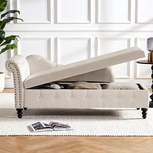 Tufted Velvet Chaise Lounge Indoor with Storage, Button Tufted Chaise with Nailhead Trim, Upholstered Rolled Arm Lounge Chair for Living Room Bedroom Office, Beige