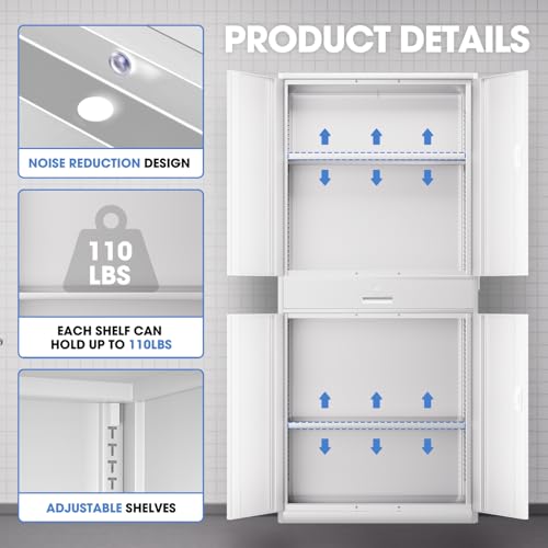 DNA MOTORING 71'' Metal Storage Cabinet, Locking Tool Cabinet with 1 Drawer and Adjustable Shelves, Lockable Heavy Duty Metal Locker for Garage,Office,Home,Gym, Gray, TOOLS-00629-GY-GY-A