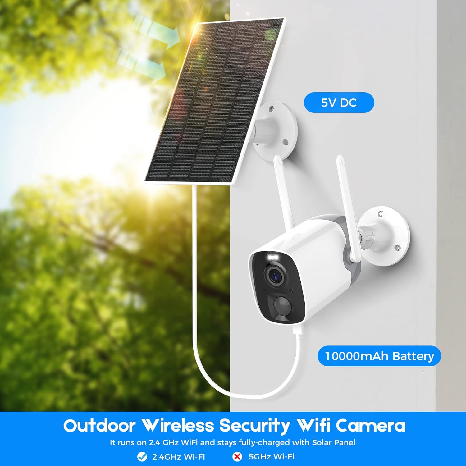 Solar Security Camera Wireless Outdoor,Solar-Powered Rechargeable Battery,1080P Security WiFi Camera IP66,AI,PIR Motion Detection, 2-Way Audio, Color Night Vision, Remote Access by App Cloud/Micro SD