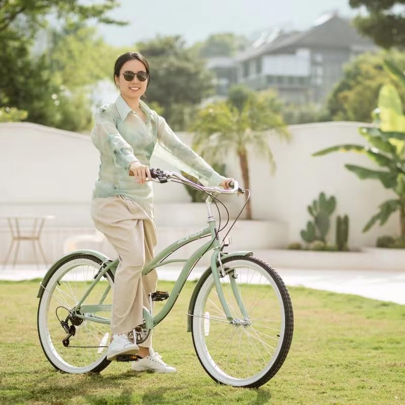 ACEGER 24 26 Inch Women Beach Cruiser Bike, Single Speed and 7 Speed, Adult Hybrid Bike Commuter Bicycle, Hi-Ten Steel Frame with Adjustable Handlebar and Saddle, Multiple Colors