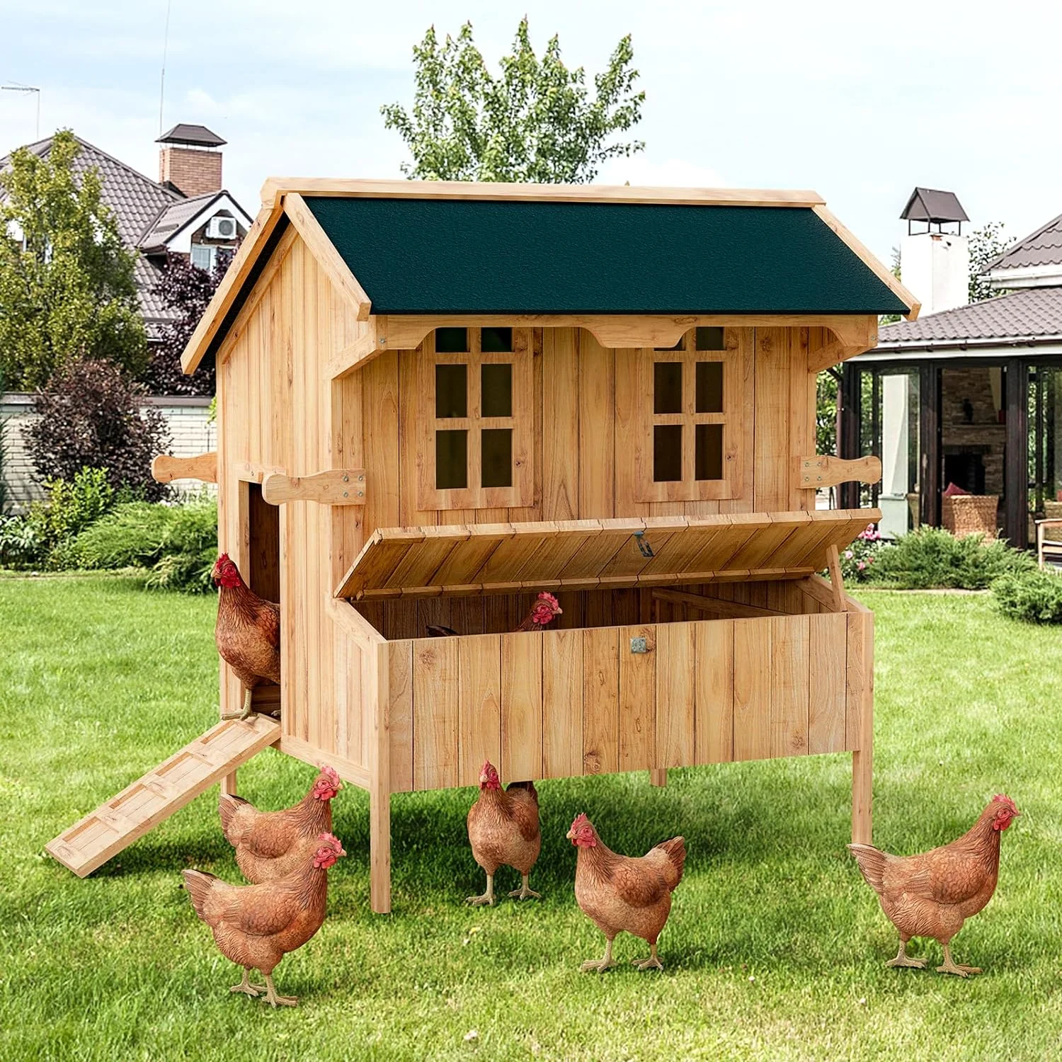 Oarlike Chicken Coop with Nesting Box Outdoor Wooden Hen House Rabbit Hutch Weatherproof Poultry Cage Duck House Removable Tray Wood - Curated Treasures Market