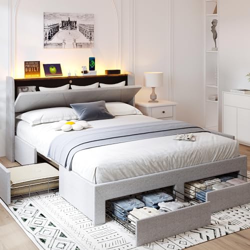 VOWNER Queen Bed Frame with Storage Headboard & 4 Drawers, LED Upholstered Bed Frame with Charging Station, Wood Slats Support No Box Spring Needed, Light Grey