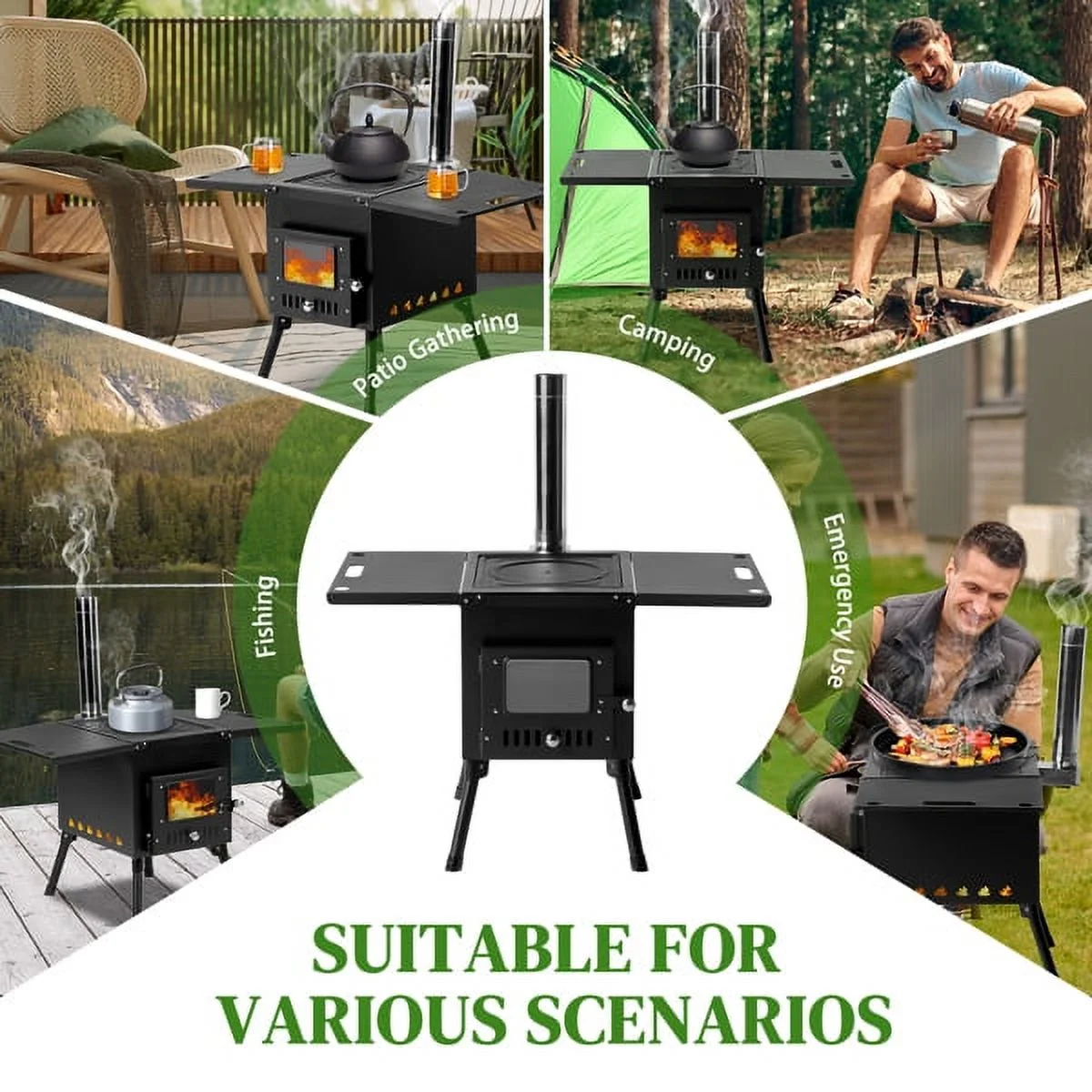 SYTHERS Outdoor Wood Burning Stove with Chimney Pipes, Camp Wood Stove for Outdoor Heating & Cooking, Ice Fishing, Hunting, Black