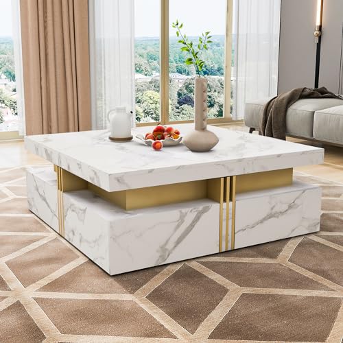 Modern Round Lift-top Nesting Coffee Tables with 2 Drawers for Living Room White & Natural