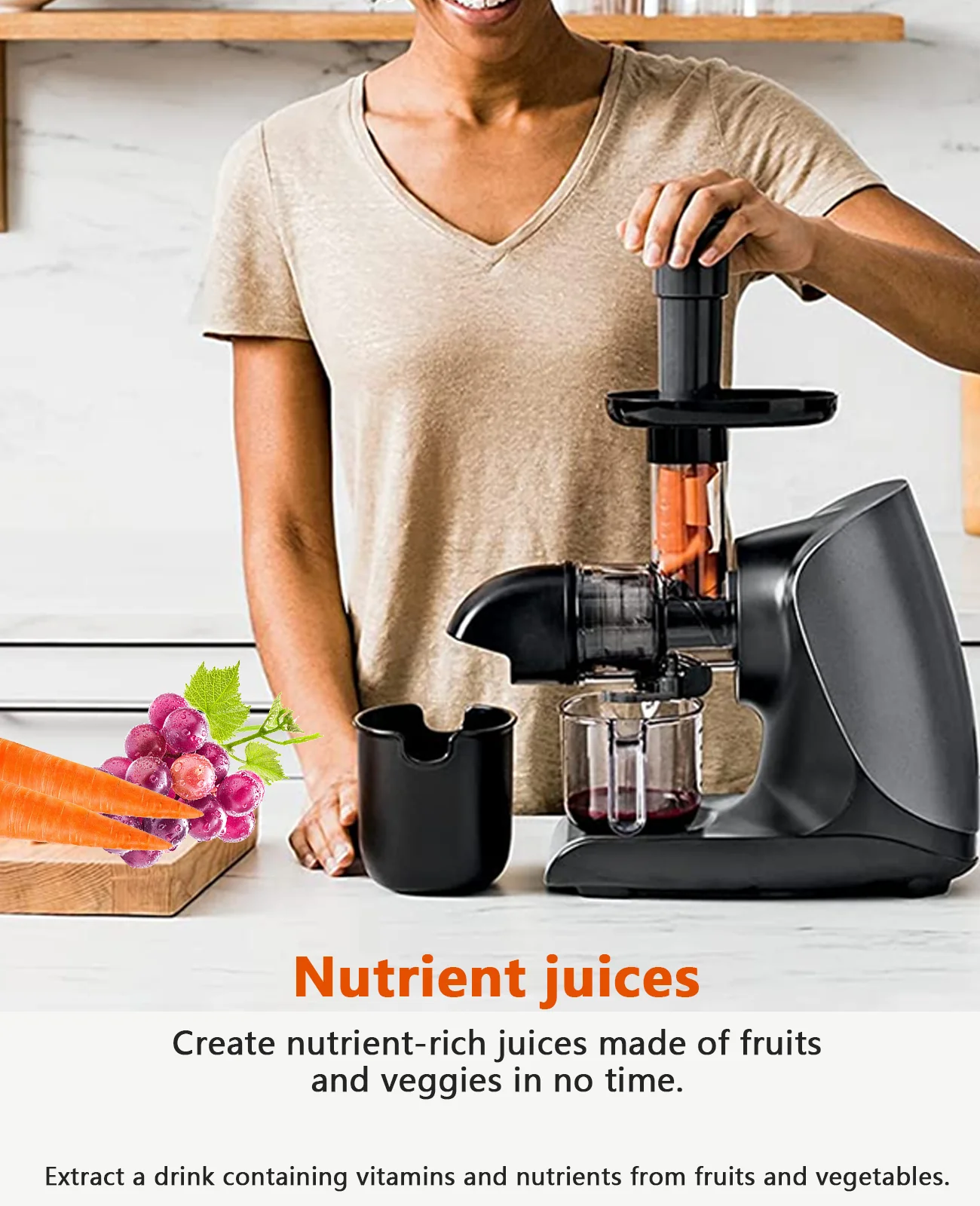 Masticating Juicer for Fruits Vegetables - Cold Press Slow Juicer with Total Pulp Control (Black)