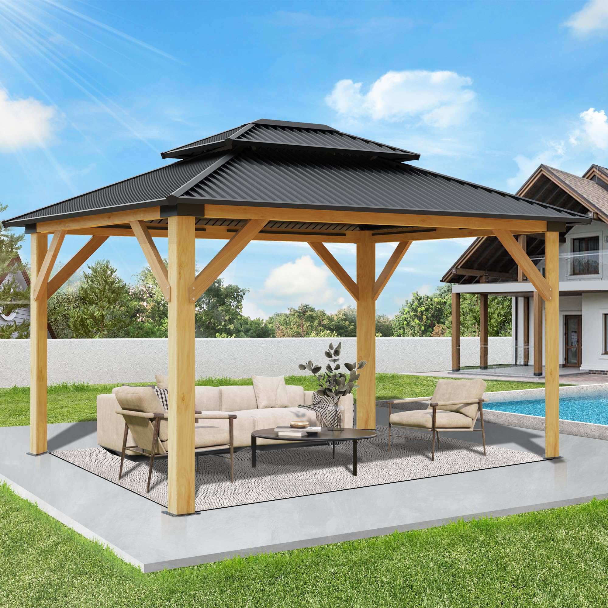 Gartooo 11’x13’ Outdoor Wooden Gazebo - Patio&nbsp;Galvanized Steel Gazebo with Double Vented Roof, Heavy-duty Cedar Wooden Gazebo for Garden, Lawn, Poolside, Backyard Deck