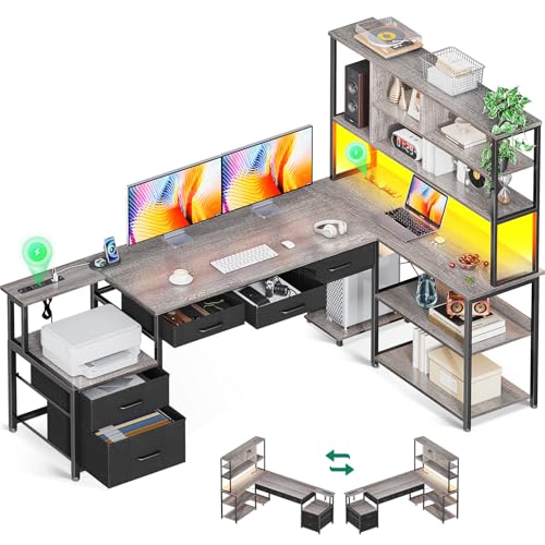 AODK 71 inch L Shaped Desk with File Drawers, Reversible L Shaped Gaming Desk with Power Outlets & LED Lights, Computer Desk with Storage Shelves for Home Office, Black