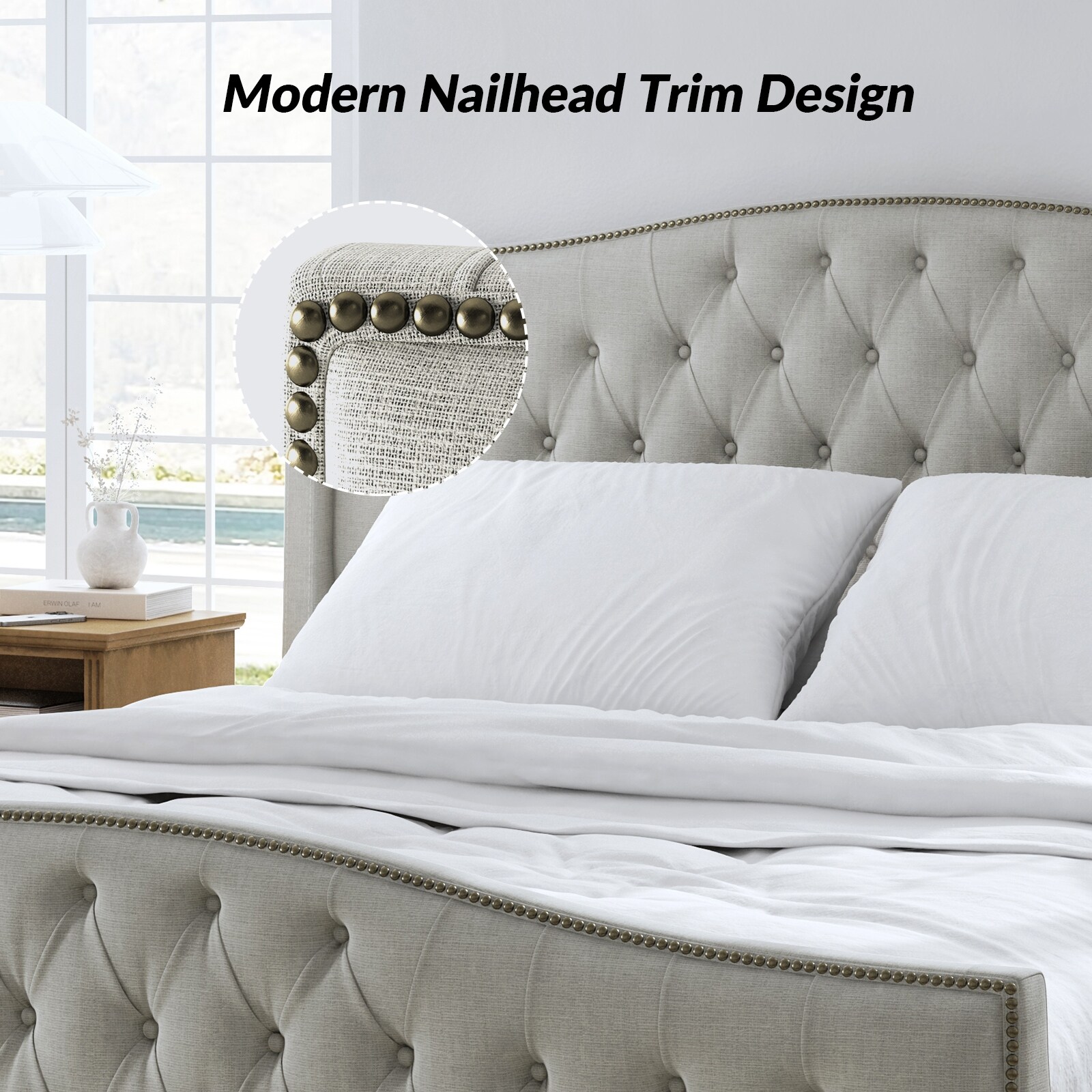 HULALA HOME Gerhard Tufted Upholstered Wingback Bed with Headboard and Footboard by  Grey - King