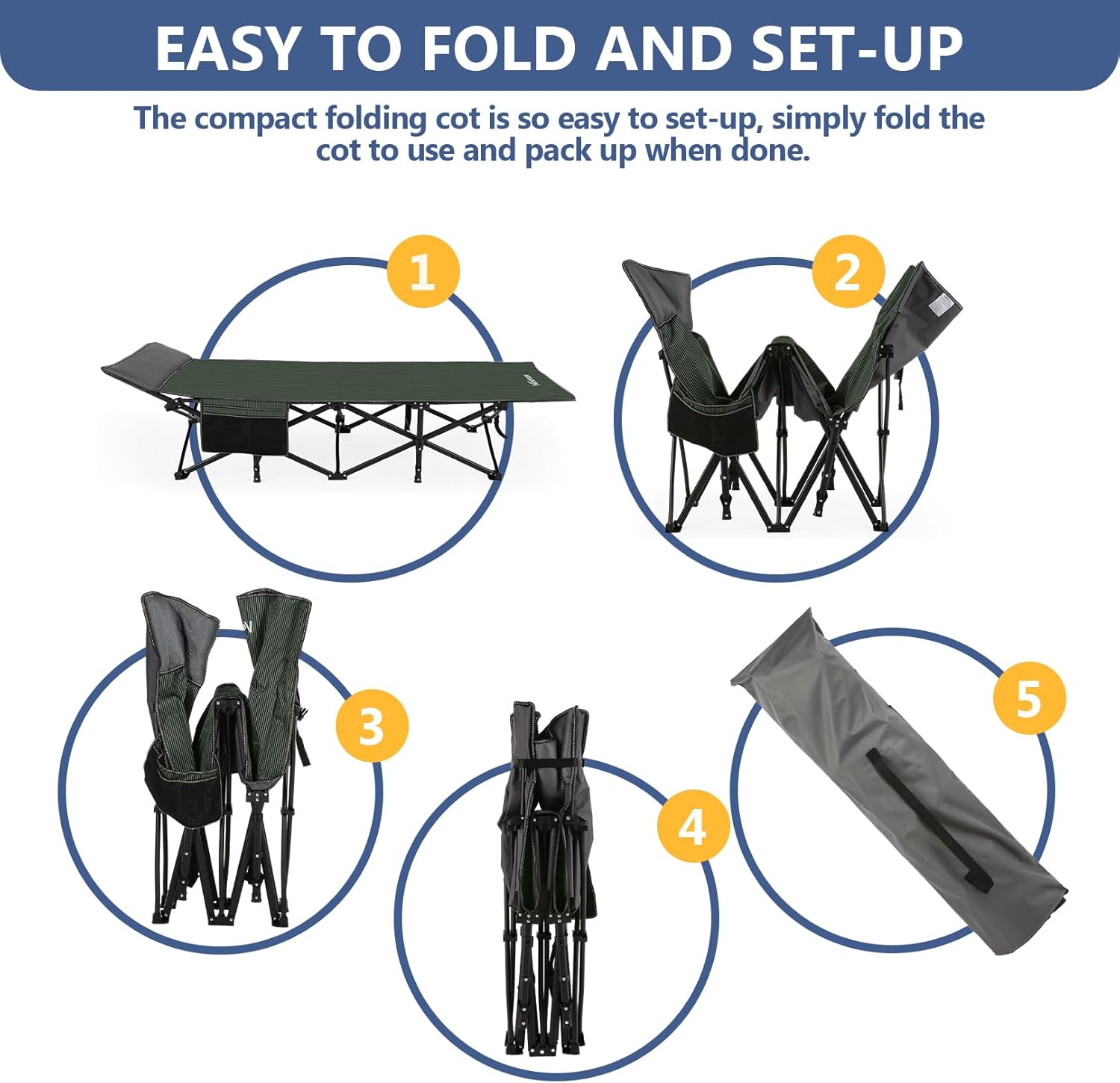 Nictemaw Folding Camping Cot, Portable Camping Cot for Adults, 900LBS Heavy Duty Sleeping Cots with Carry Bag, Double Layer Oxford Portable Travel Camp Cots for Home Office Outdoor(Green Stripes)