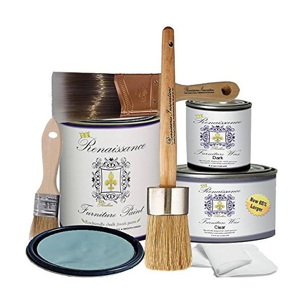 Retique It by Renaissance Chalk Furniture Paint Deluxe Starter Kit - 32oz Paint/13Oz Clear Wax/4Oz Dark Wax/2x22 Paint Brush/1.5