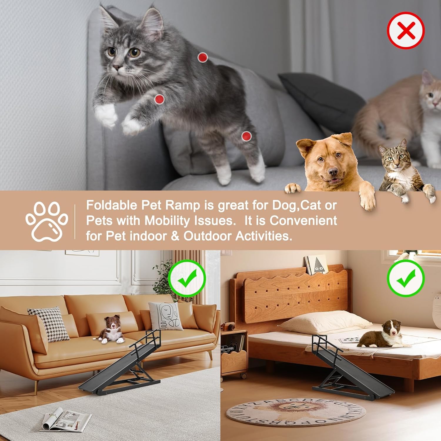 Dog Ramp,Upgrade Rubber Mat High Traction Ramp,5 Level Adjustable Folding Pet Ramp for Middle Bed, Couch,SUV,Great for Small & Large Old Dogs & Cats,Supports up to 200 lbs,45.2" Long(2024 Upgrade)