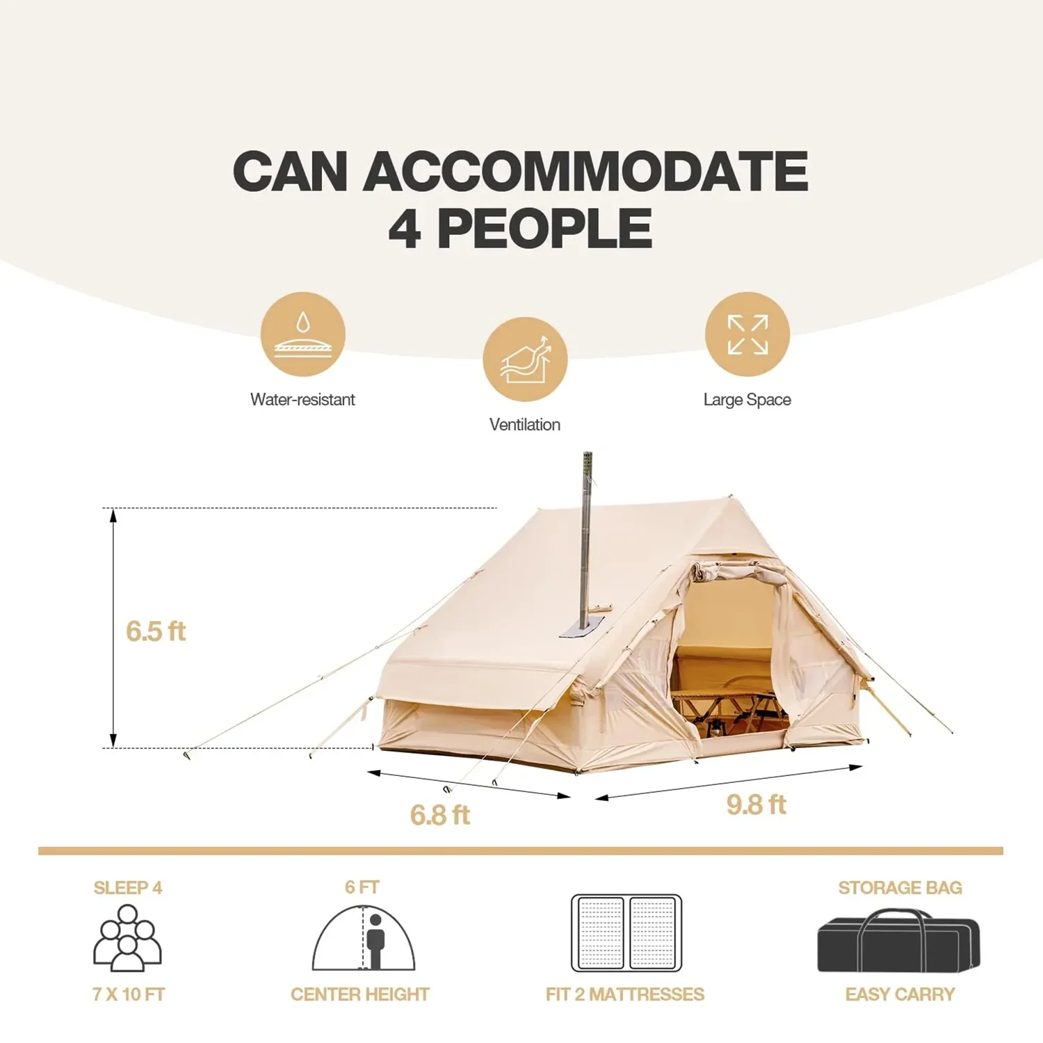 Richryce Inflatable Camping Tent with Pump, 129 SFT Cabin Tent, 4-6 Person Glamping Tents, Waterproof Windproof Outdoor Cotton Tent with Carrying Bag