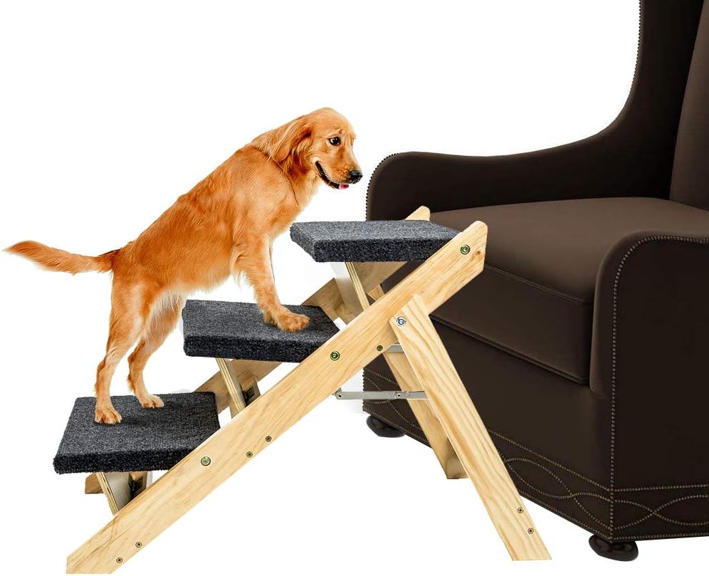 MEWANG Wood Pet Stairs/Pet Steps - Foldable 3 Levels Dog Stairs & Ramp Perfect for Beds and Cars - Portable Dog/Cat Ladder Up to 110 Pounds