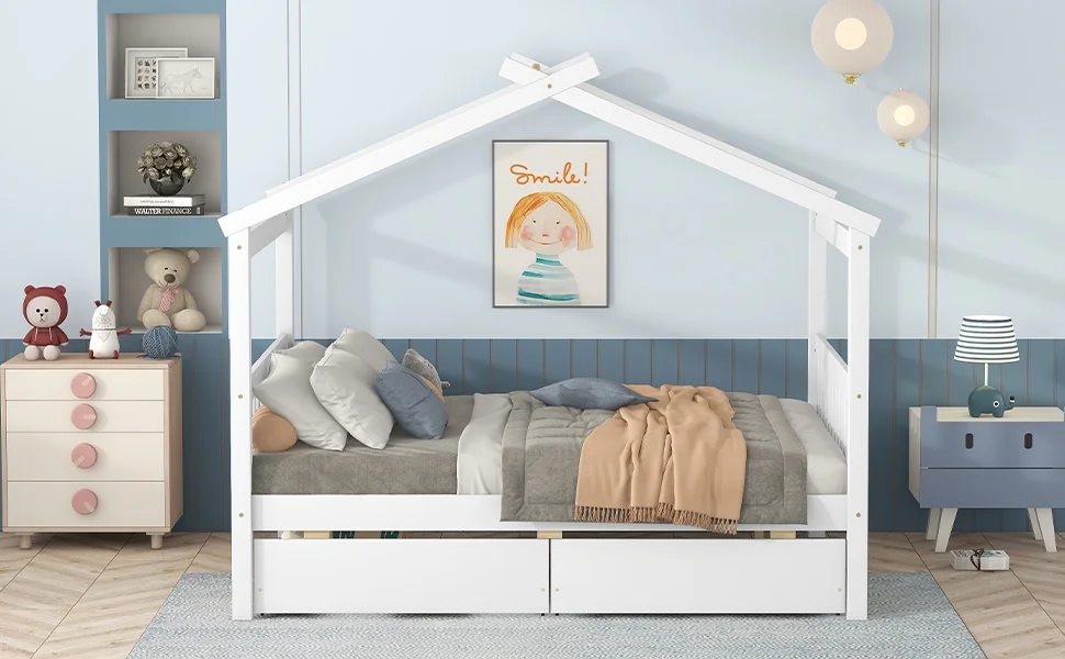 Bellemave Kids House Bed with Drawers Full Size Platform Bed with Storage Playhouse Design Wooden House Bed Frame With Headboard and Footboard for Boys Girls Teens, White