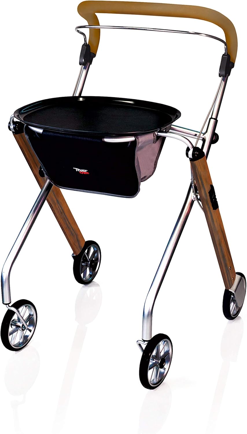 Stander Let’s Go Indoor Rollator, Lightweight Four Wheel Euro Style Walker with Tray, Folding Mobility Aid for Seniors by Trust Care, Beech